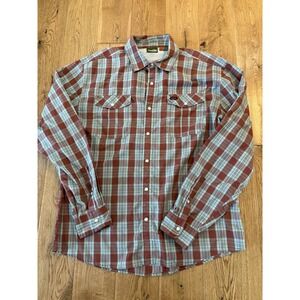 Howler Brothers Pearl Snap Western Shirt Long Sleeve Brown/Blue Plaid Sz Large
